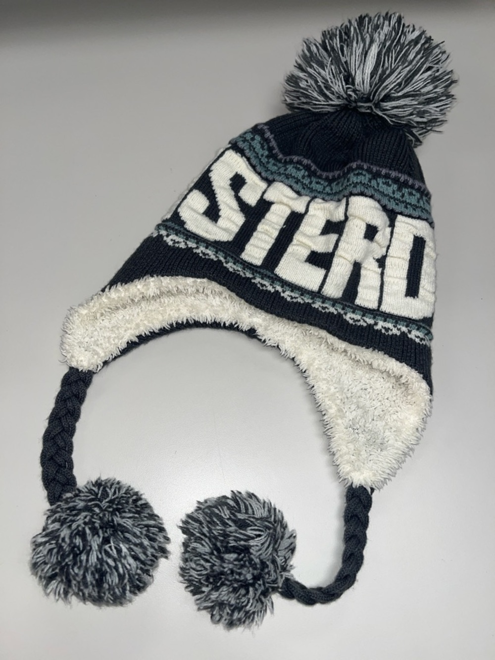 Robin Ruth Amsterdam Earflap Pom Hat in Dark Gray, White and Teal